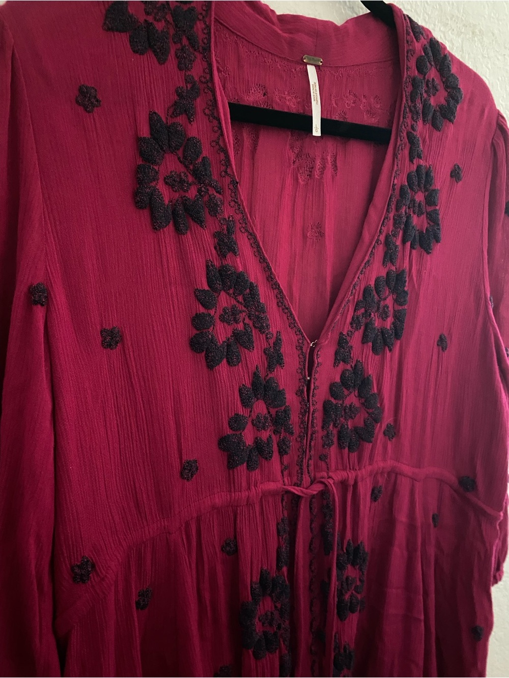 Embroidered V-Neck Women's Top in Deep Berry with Black Floral Accents